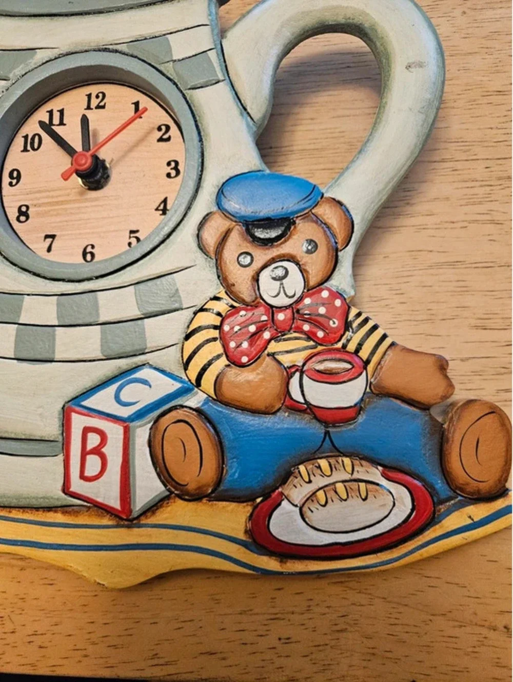 Vintage Teddy Bear Teapot Wall Clock Decor Hand Painted 10x11 Quartz Wood